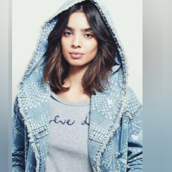 Free People Light Blue Hooded Jean Jacket with White Accents - Picture 2 of 16